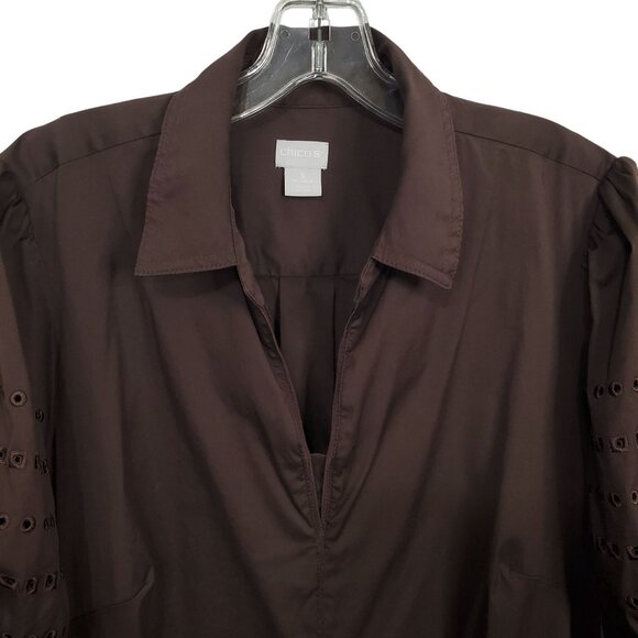 Chicos 3 Size 16 Dress Collared Eyelet Puff Sleeve Midi Stretch Pockets V notch - Picture 4 of 10